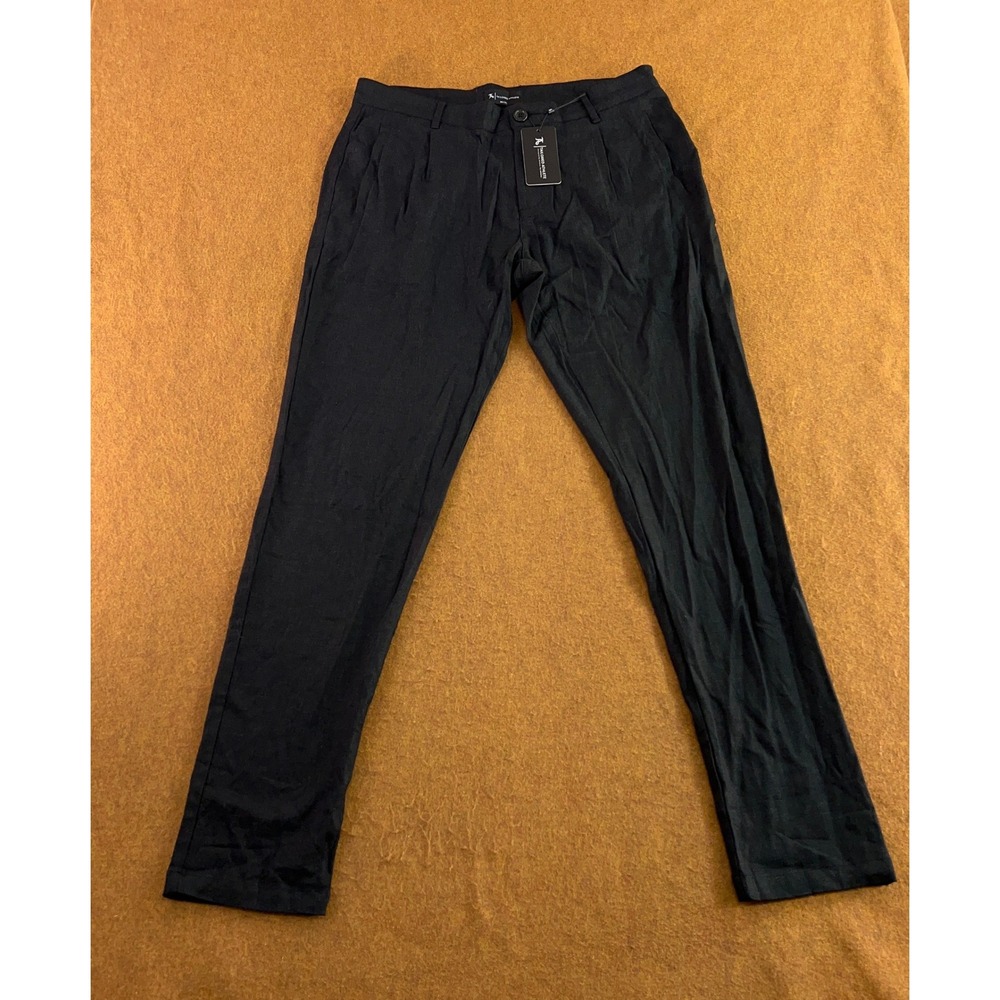 Tailored Athlete Mens 36W 34L Black Linen Blend Pleated Athletic Fit Pants NWT